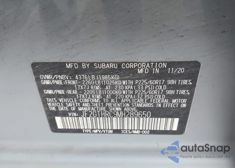 2021 Subaru Crosstrek Sport z USA, uszkodzony, nr VIN JF2GTHRC9MH289650